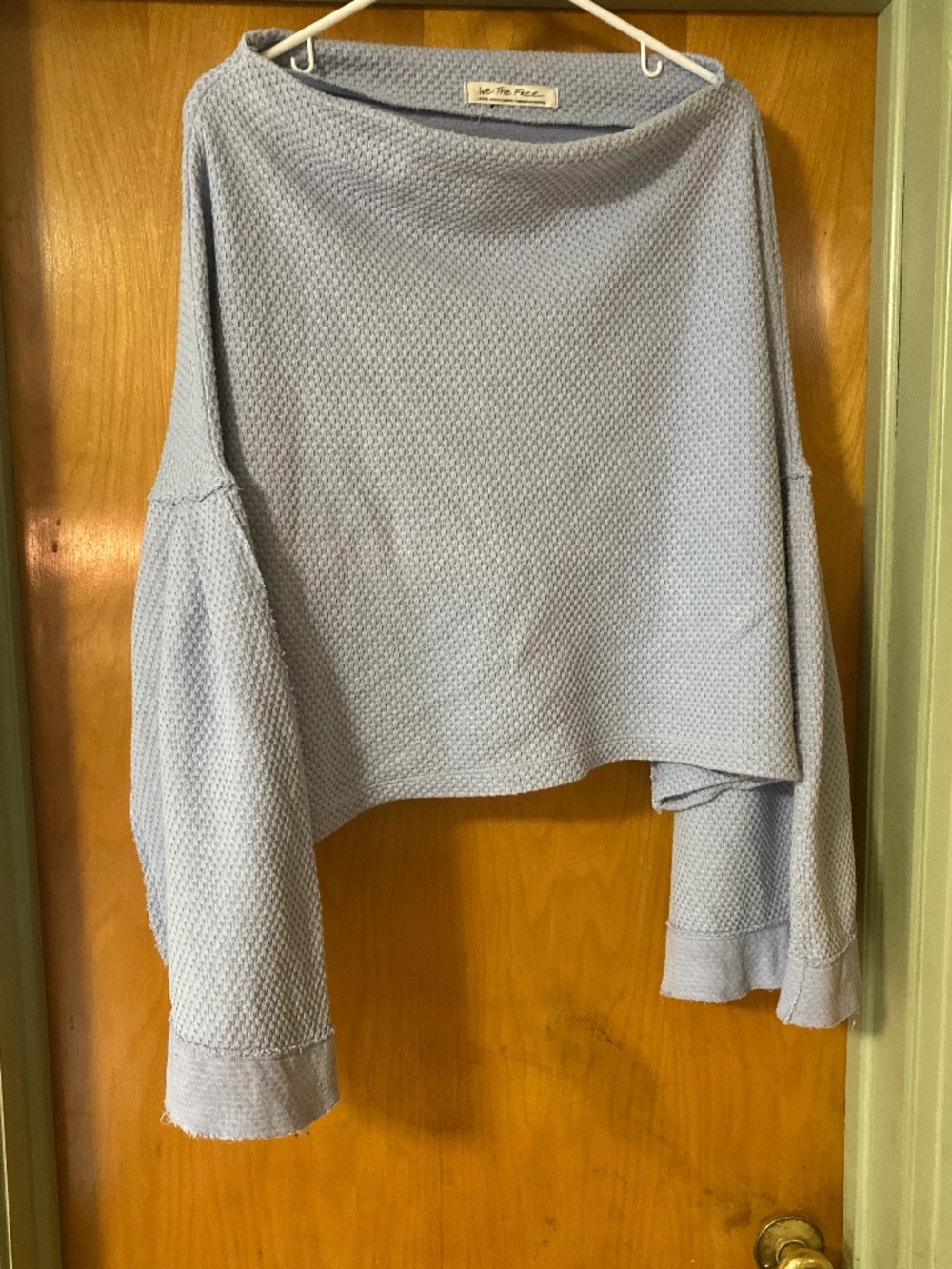We the Free Free People Blue Waffle Knit Mock Neck Crop Top Bell Sleeves Large